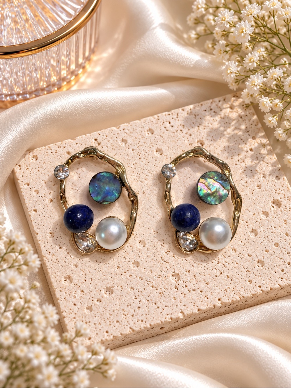 Gold Oval Multistone Drop Earrings with Pearl and Abalone